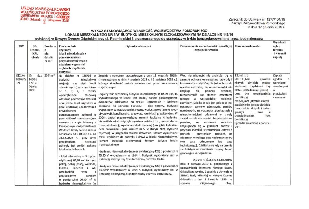 Wykaz samodzielnego lokalu mieszkalnego położonego w budynku mieszkalnym w Nowym Dworze Gdańskim przy Podmiejskiej 3, przeznaczonego do sprzedaży