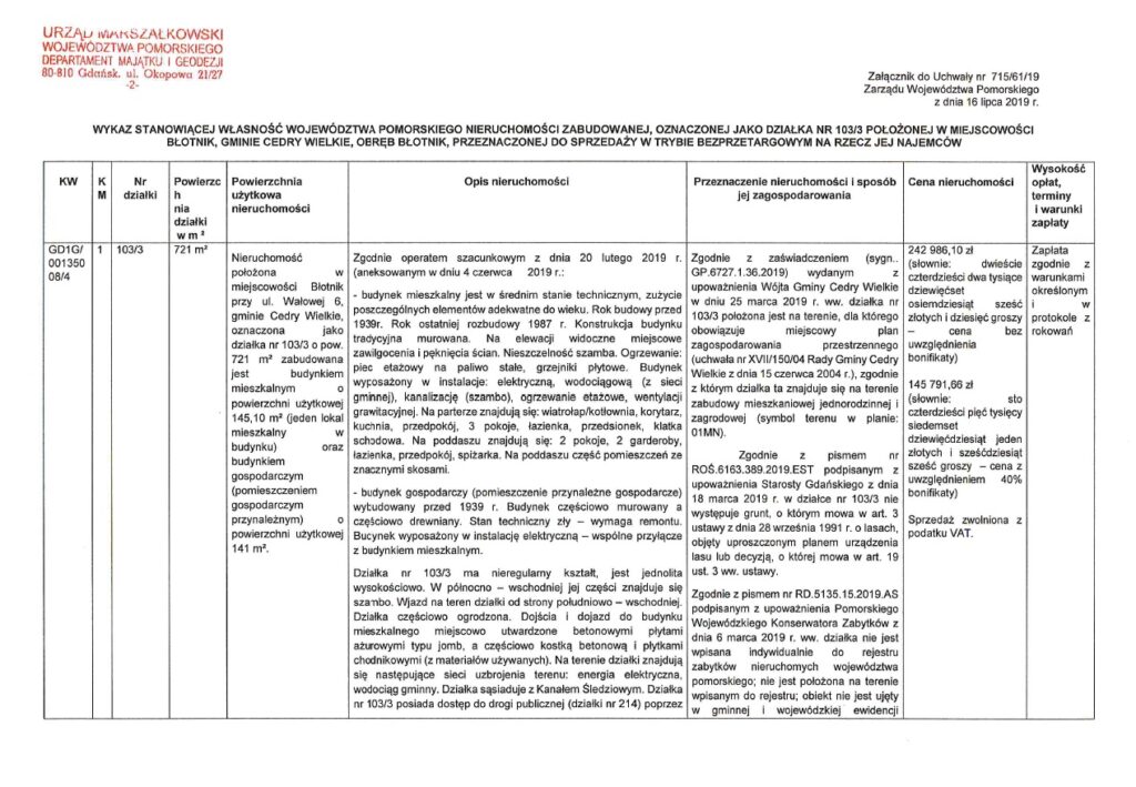Wykaz nieruchomości zabudowanej, stanowiącej własność Województwa Pomorskiego, położonej w miejscowości Błotnik, oznaczonej jako działka nr 103/3, przeznaczonej do sprzedaży