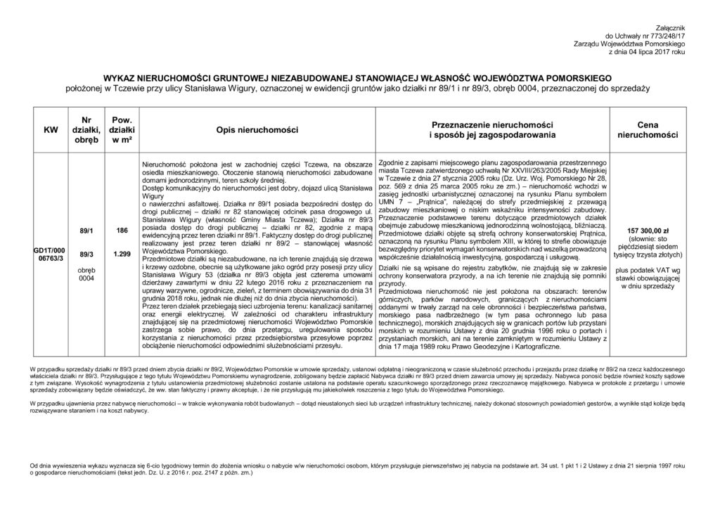 WYKAZ nieruchomości gruntowej niezabudowanej położonej w Tczewie przy ulicy Stanisława Wigury, oznaczonej jako działki nr 89/1 i nr 89/3 – przeznaczonej do sprzedaży