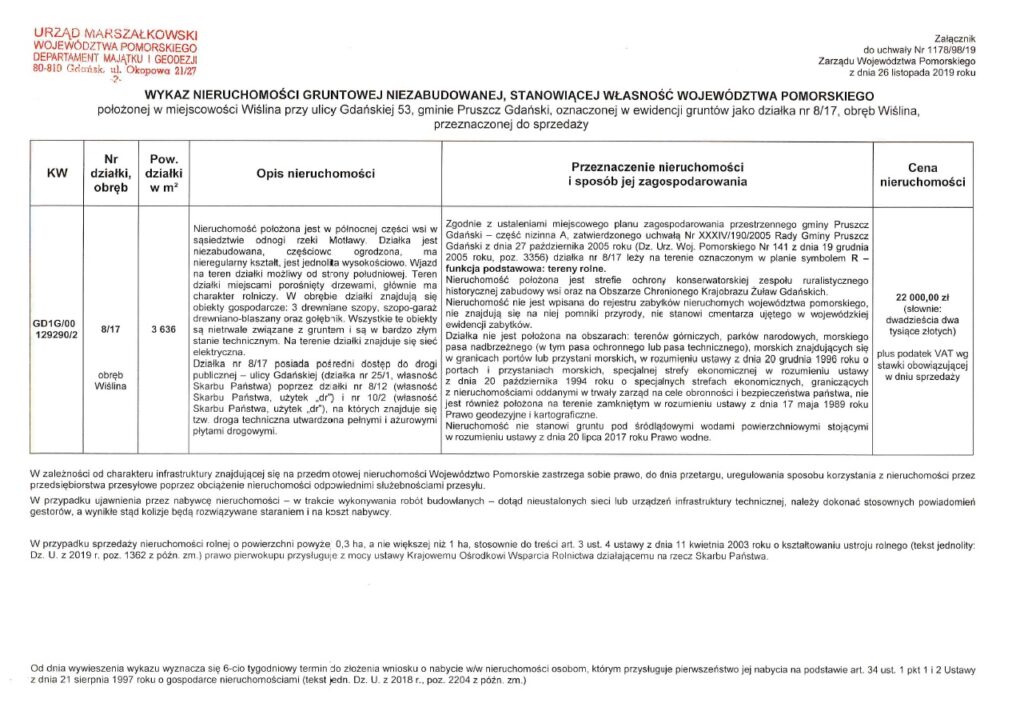 Wykaz nieruchomości gruntowej niezabudowanej położonej w Wiślinie, przeznaczonej do sprzedaży