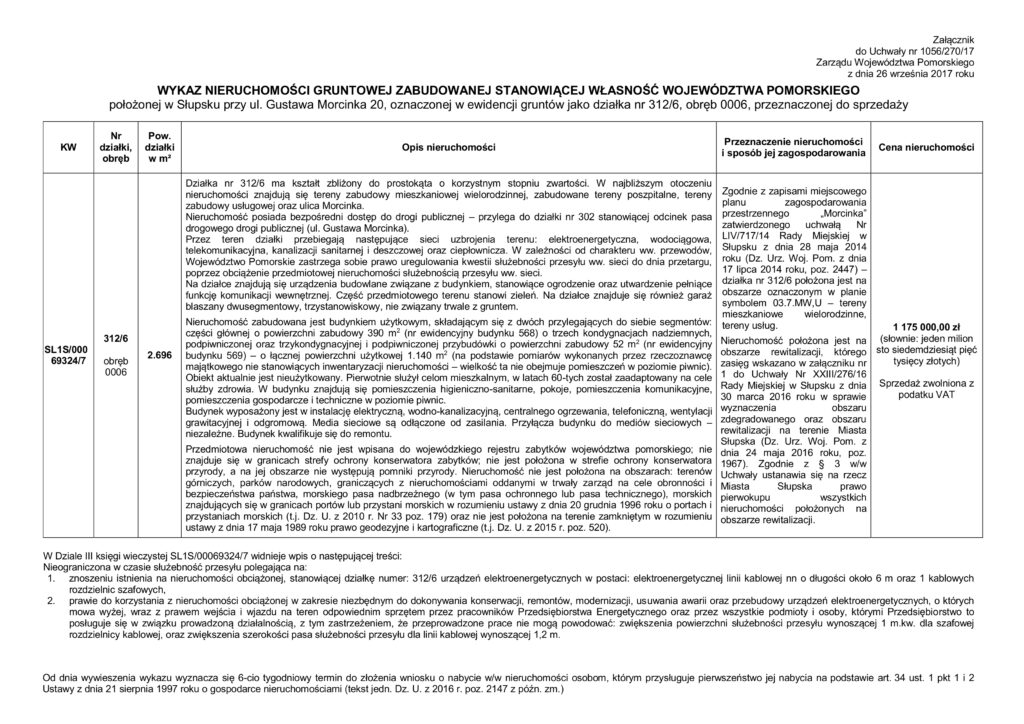 WYKAZ nieruchomości gruntowej zabudowanej położonej w Słupsku przy ul. Morcinka 20, oznaczonej jako działka nr 312/6, przeznaczonej do sprzedaży