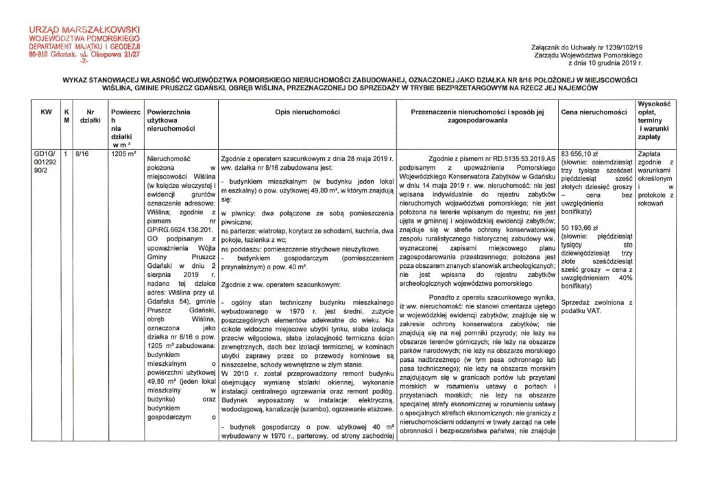 Wykaz nieruchomości gruntowej zabudowanej położonej w Wiślinie, przeznaczonej do sprzedaży na rzecz jej najemców