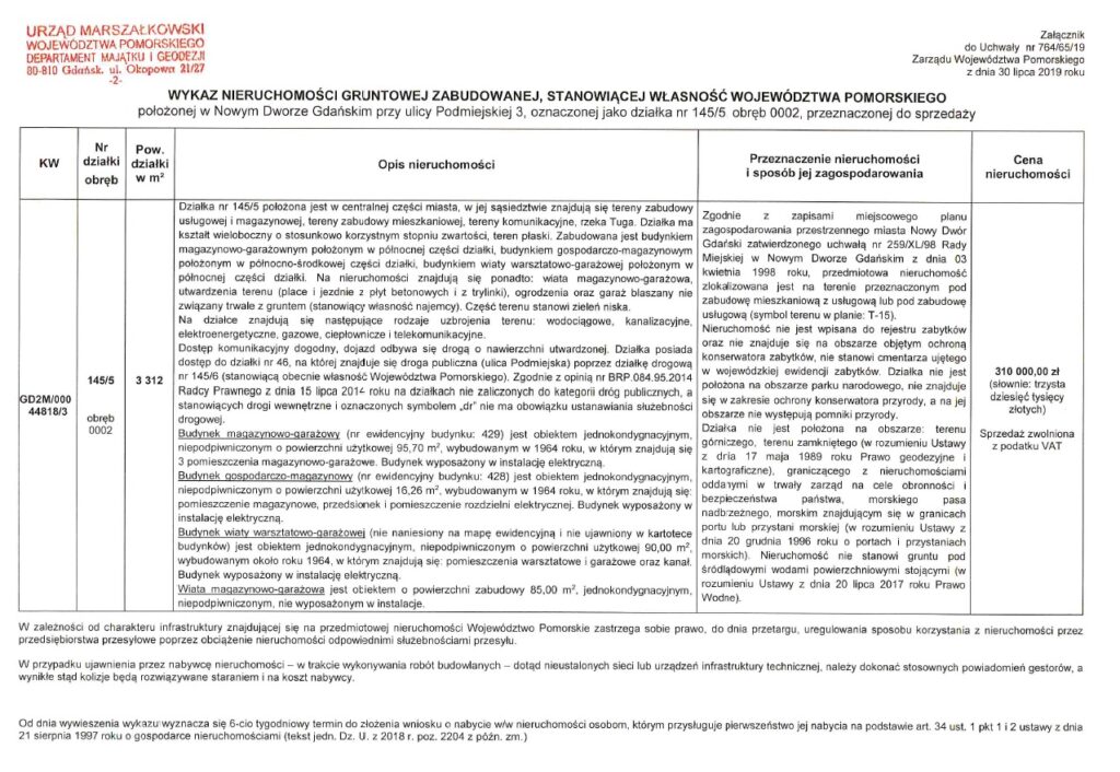 Wykaz nieruchomości zabudowanej, stanowiącej własność Województwa Pomorskiego, położonej w Nowym Dworze Gdańskim, oznaczonej jako działka nr 145/5, przeznaczonej do sprzedaży