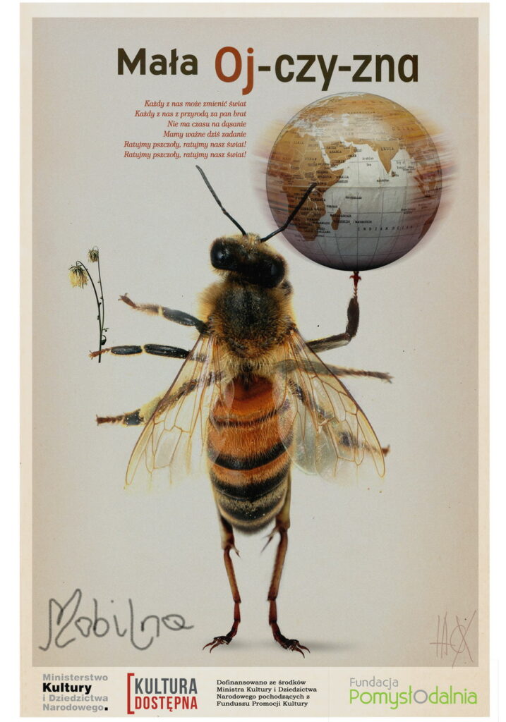 Mała Oj-czy-zna, plakat z pszczołą i globusem