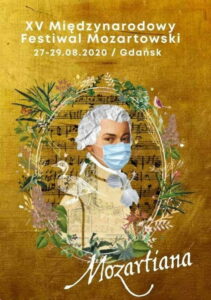 A.W. Mozart w maseczce na tle nut i kwiatów
