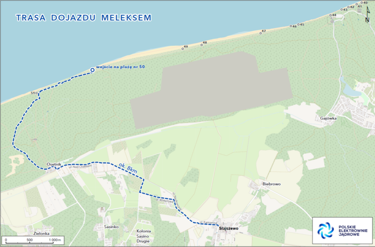 na zdjęciu mapa trasy meleksu kursującego pomiędzy słajszewem a plażą. to element projektu polskich elektrowni jądrowych ułatwiający dostęp turystom do plaży